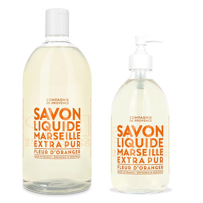 Compagnie de Provence Savon de Marseille Extra Pure Liquid Soap - Orange Blossom - 16.7 Fl Oz Glass Pump Bottle and 33.8 fl oz Plastic Bottle Refill