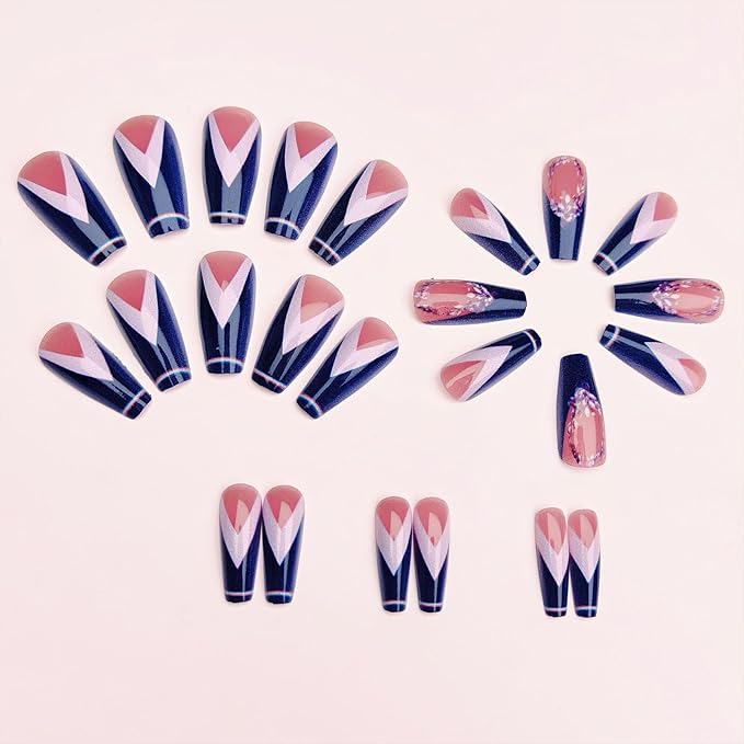 Dark Purple French Tip Press on Nails Medium Coffin Glue on Nails Glossy Acrylic Fake Nails with Floral Designs Matte Nails Press ons Artificial Nails for Women 24Pcs Manicure Art