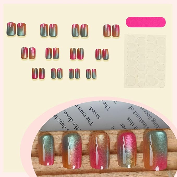 Cat Eyes Press on Nails Medium Square Fake Nails with Green Pink Orange Gradient Designs Glossy Glue on Nails Cute Acrylic Nails for Women 24Pcs