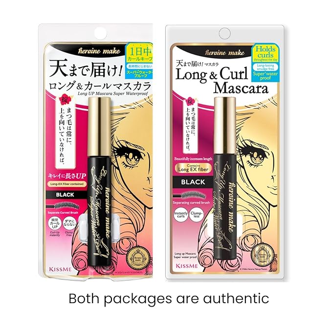 HEROINE MAKE by KISSME Waterproof Mascara Black by Defining Fiber for Long and Curl Eye Makeup for Women + Smooth Liquid Black Eyeliner, Smudge-free + Gentle Mascara Remover Oil Free, 3 Set