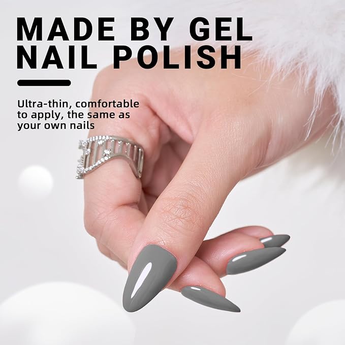 Glossy Grey Press On Nails, WOOYAS Solid Color Fake Nails Almond Medium Shaped Glue On Nails Full Cover Stick On Nails with Nail Glue Reusable False Nails for Women Gift