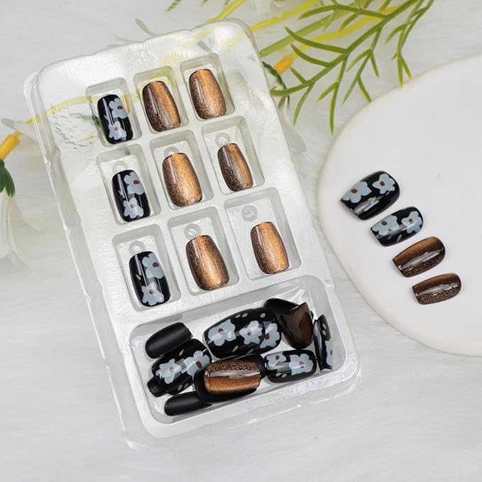 Cat Eye Press on Nails Short Coffin Fake Nails with Flower Glitter Designs Black Nails Press ons Glossy Brown Acrylic Spring Winter Fall Cute for Women 24Pcs