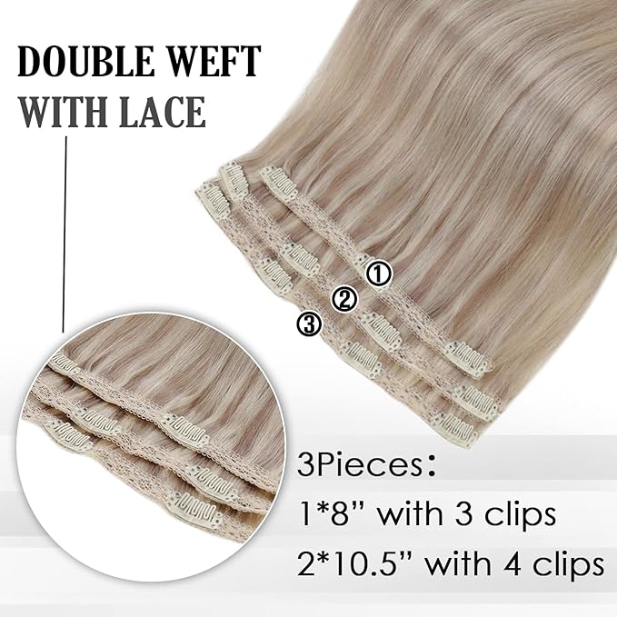 Full Shine Human Hair Clip in Extensions Blonde Highlight Straight Remy Clip in Hair Extensions Ash Blonde Lace Weft Real Human Hair Extensions Clip ins 14 Inch 3 Pcs 60 G