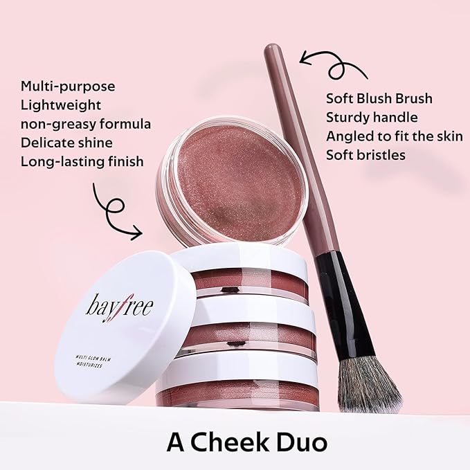 bayfree Multi Cream Blush & Blush Brush Set, Korean Makeup Blush for Cheeks, Multi-Use Face Balm, Lightweight & Hydrating, Blendable Color, Non-Greasy, Soft Bristles for Radiant Finish (Rose Crystal)