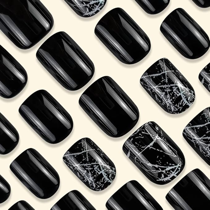 Black Press On Nails - Short Square Glossy Marble Acrylic Squoval Dark False Nails with Designs - Natural Summer Glue On Full Cover Stick On Nails for Women Girls - 24Pcs