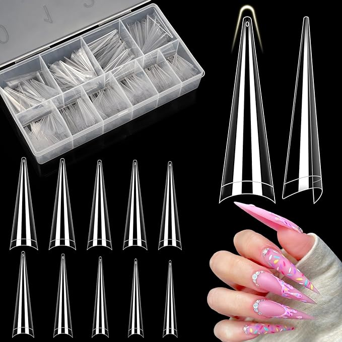 Clear Stiletto Nail Tips for Acrylic Nails, XXL Long Half Cover Stiletto False Nail Tips, Coffin Sharp Shape Acrylic Nail Tips Artificial Nails for Nail Extension DIY Nail Art Salon 500Pcs 10 Size Box