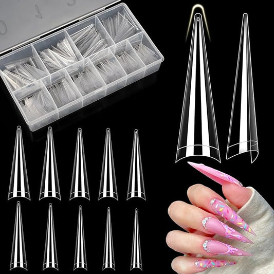 Clear Stiletto Nail Tips for Acrylic Nails, XXL Long Half Cover Stiletto False Nail Tips, Coffin Sharp Shape Acrylic Nail Tips Artificial Nails for Nail Extension DIY Nail Art Salon 500Pcs 10 Size Box