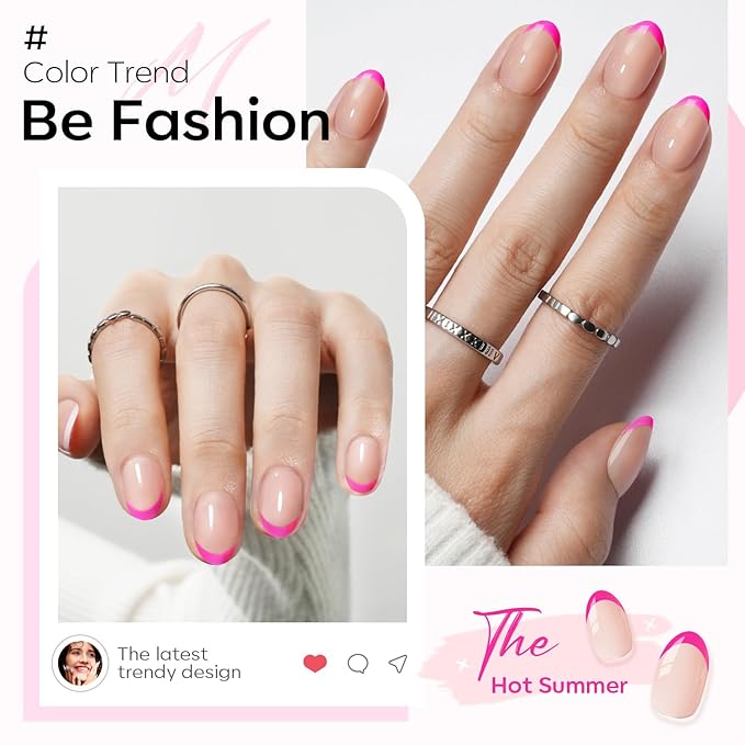 Modelones French Tip Press on Nails Short, Oval Fake Nails, Reusable Nail Kit with Nail Glue Adhesive Tabs Mini Nail File, Nails Press Ons 32Pcs 16Sizes, Women Girl Gift, Hot Pink