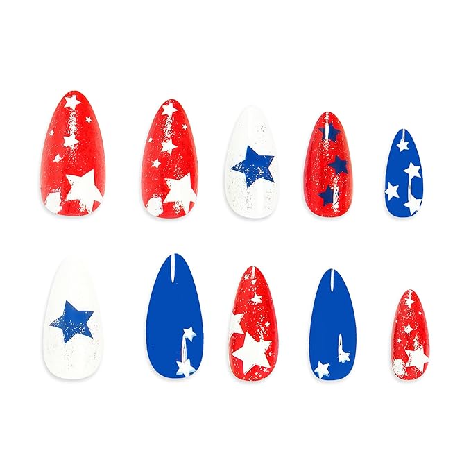 IMRAIN Independence Day Press on Nails Medium Almond Fake Nails Red Blue Star False Nails Full Cover Sparkly Glue on Nails Glossy Glitter Stick on Acrylic Nails for Coquette Women Girls