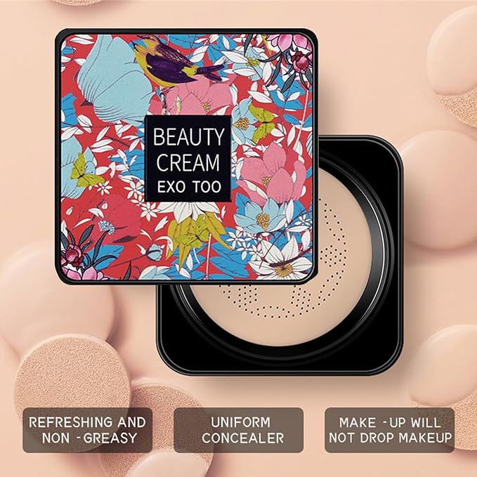 2 Pack Beauty Cream EXO TOO Foundation, Beauty Cream Makeup Base, Moisturizing, Long Lasting Matte Air Cushion CC Cream Concealer with Two Mushroom Head Sponges