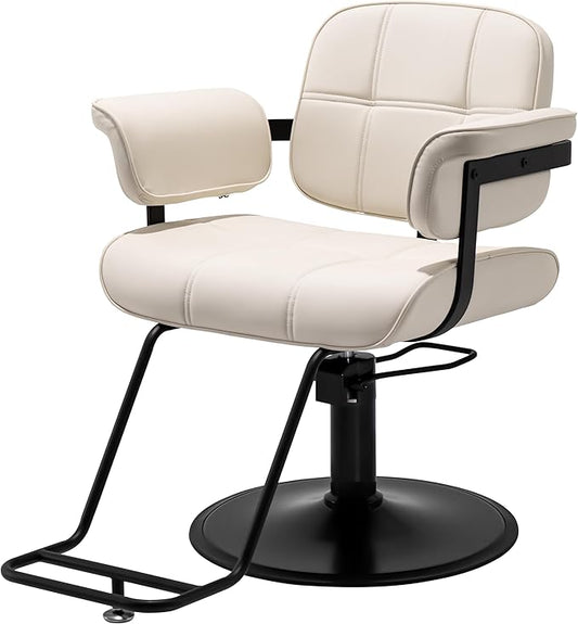 Barber Salon Chair, Extra Wide Hair Styling Chair with Heavy Duty Hydraulic Pump, 360° Swivel Height Adjustable Braiding Design, Luxury Beauty Salon and Barbershop Equipment, Ivory