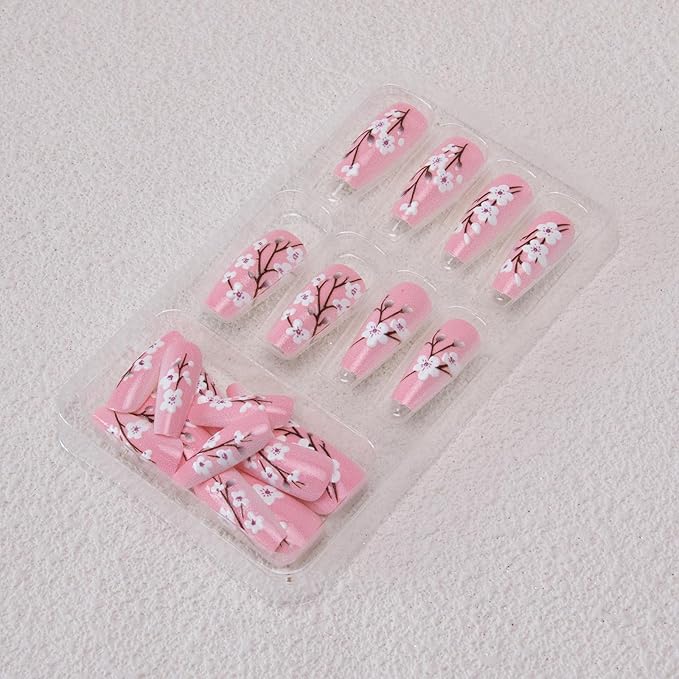 Pink Press on Nails Medium Coffin Fake Nails Sakura Flower Acrylic Nails 3D Floral False Nails Glossy Glue on Nails Stick on Nails Cute Artificial Nails for Women Girls Manicure 24Pcs