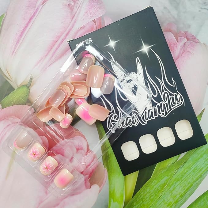 24Pcs Short Square Press on Nails Pink Gradient French Tip Fake Nails with 3D Flower Water Ripple Design Glue on Nails Glossy Acrylic Nails Summer Full Cover Stick on Nails for Women Girls Daily Wear