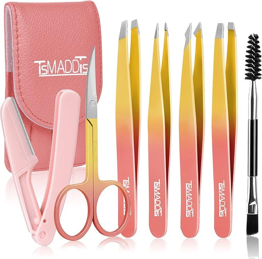 TsMADDTs 7PCS Tweezers Set for Women Facial Hair, Precision Tweezer for Eyebrows with Curved Scissor and Eyebrow Razor for Ingrown Hair, Pink&Yellow