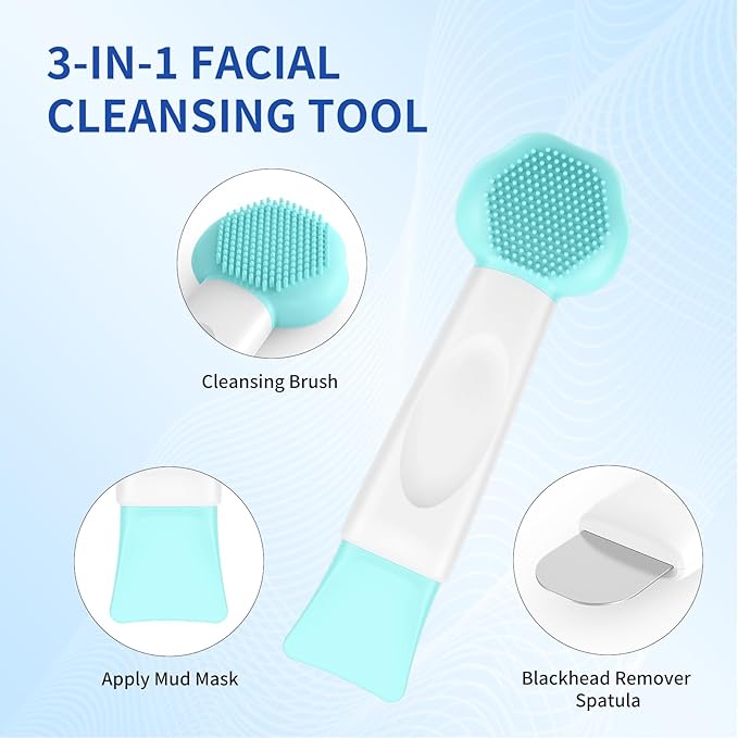 Silicone Face Scrubber, 3 in 1 Pore Brush Skin Scrubber Face Spatula with Face Mask Applicator Tool, Pore Cleaner, Blackhead Remover, Makeup Removal, Mud Mask, Body Lotion (Blue)