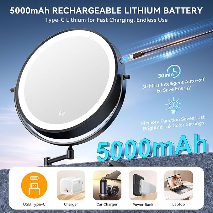 10'' 30X/1X Wall Mounted Lighted Makeup Mirror, 5000mAh Rechargeable Double-Sided Magnifying Mirror with Light, LED Vanity Mirror Touch Dimmable 3 Colors 360° Rotation Extended Foldable Arm, Black