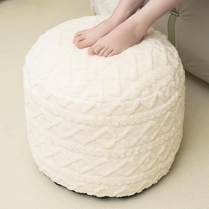 Beige Round Faux Fur Ottoman Pouf - 20x15 Inch Storage Foot Stool Cushion for Living Room & Bedroom Decor