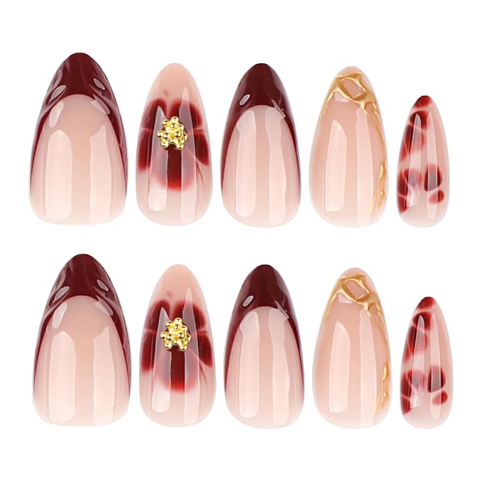 3D Dark Red French Tip Press on Nails Flower Medium Almond False Nails Glossy Gold Curve line Acrylic Fake Nail Tortoise Pattern Stick on Fingernails Petal Gel Glue on Nail for Women 24Pcs