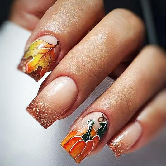 Autumn Pumpkins Gel Glue on Nail Maple Leaf Press on Nails Fall Leaves Stick on Fingernails Thanksgiving Short Square False Nails 24Pcs Glossy Brown Glitter Acrylic Fake Nail for Coquette Women Girls