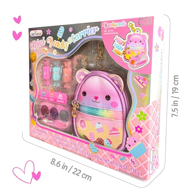Hot Focus | Bag Makeup Set for Kids, Includes Makeup Kit with Keychain Backpack, 3 Tinted Lip Balms, Eyeshadow with Applicator, and Vinyl Stickers | Suitable for Ages 3+ (Candy)