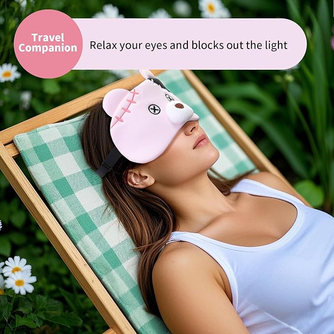 PERFECTSIGHT Sleep Eye Masks, Cute Plush Sleep Eye Cover Lightweight Adjustable Eyeshade Faux Fur Mask Cover for Women Men Kids Sleep Travel Nap, Pink Pudding Bear