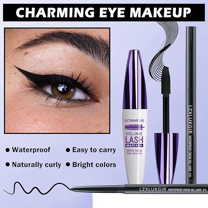 Black Mascara and Eyeliner Set,Natural Curling Black Mascara for Eyelashes,Volumizing Lengthening máscara de pestañas Waterproof,5D Colored Eye Makeup