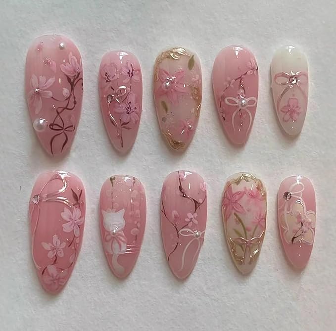 30Pcs Pink Press on Nails Medium Almond Fake Nails Gilding Cherry Blossoms Bow Designs Full Cover Spring Summer Nails Cute Cat Stick on Nails Handmade False Nails for Women Girls Acrylic Nails Decor