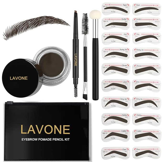LAVONE Eyebrow Stamp Stencil Kit, Brow Stamp Trio Kit with Waterproof Eyebrow Pencil, Eyebrow Pomade, 20 Eyebrow Stencils, Dual-ended Eyebrow Brush and Sponge Applicator - Medium Brown