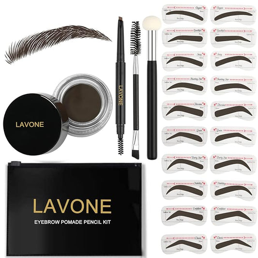 LAVONE Eyebrow Stamp Stencil Kit, Brow Stamp Trio Kit with Waterproof Eyebrow Pencil, Eyebrow Pomade, 20 Eyebrow Stencils, Dual-ended Eyebrow Brush and Sponge Applicator - Medium Brown