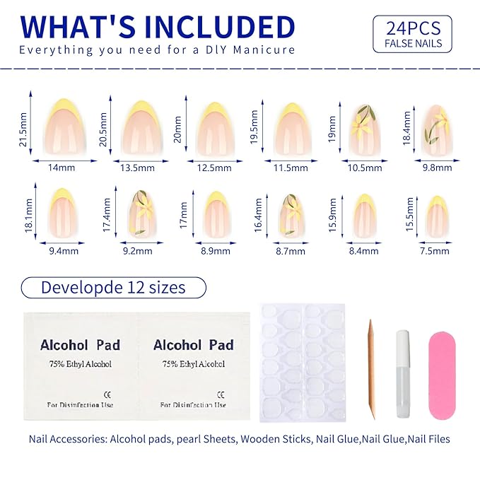 Nude Fake Nails with Yellow French Tip and Hand-Painted Floral Design, Glossy Gel Finish Acrylic Nails Kit for Women, 24 Pcs