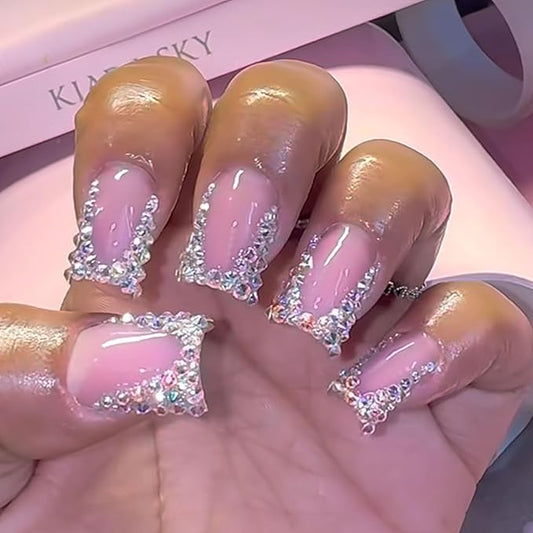 Pink Press on Nails Medium Square Fake Nails with Rhinestones Designs Glitter French Tip Nails Press ons Glossy Glue on Nails for Women 24Pcs