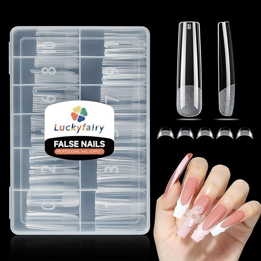 Extra Long Sqaure Nail Tips: 120 Pcs XXL Nail Tips Square Pre-buffed Full Cover Clear Gel Nails Tips for Acrylic Nails Professional, 12 Sizes No C Curve Fake Nails for Nail Extensions Home DIY Salon