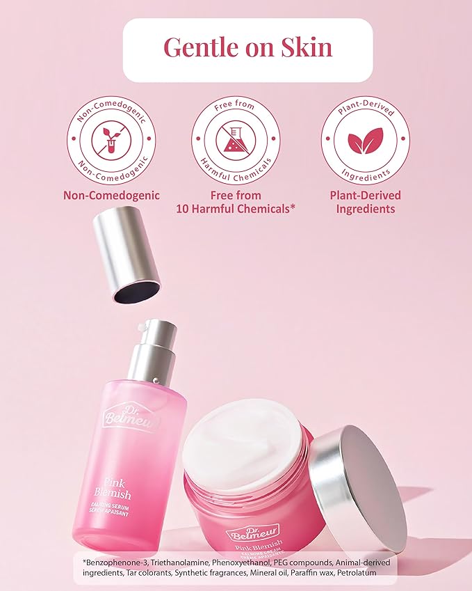 DR. BELMEUR Pink Blemish Calming Serum (1.7fl oz) - Hydrating, Soothing Korean Skin Care for Sensitive Skin. Vegan Hyaluronic Acid, Niacinamide.