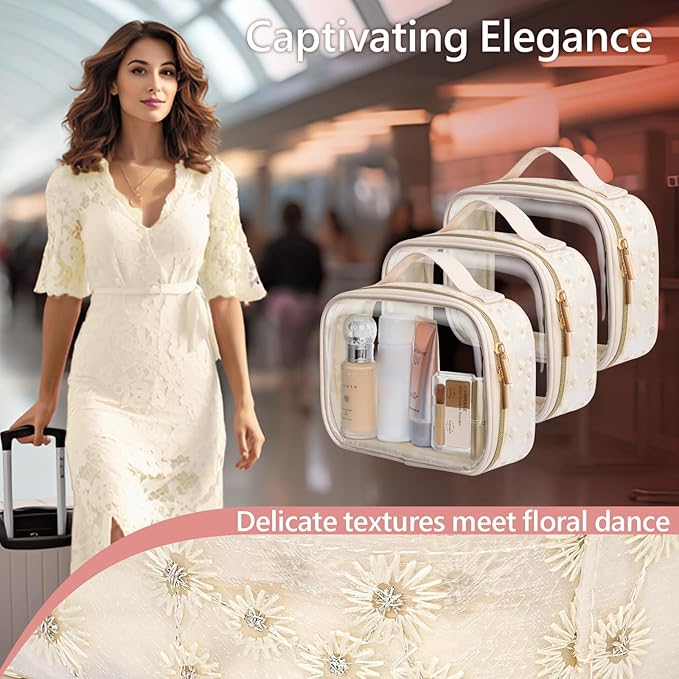 PACKISM Floral Texture TSA Approved Toiletry Bag - 180° Large Opening Clear Makeup Bags with Handle, Easily Access, Quart Size Travel Bag TSA Approved, Thick Non-deformable No Smell, Beige
