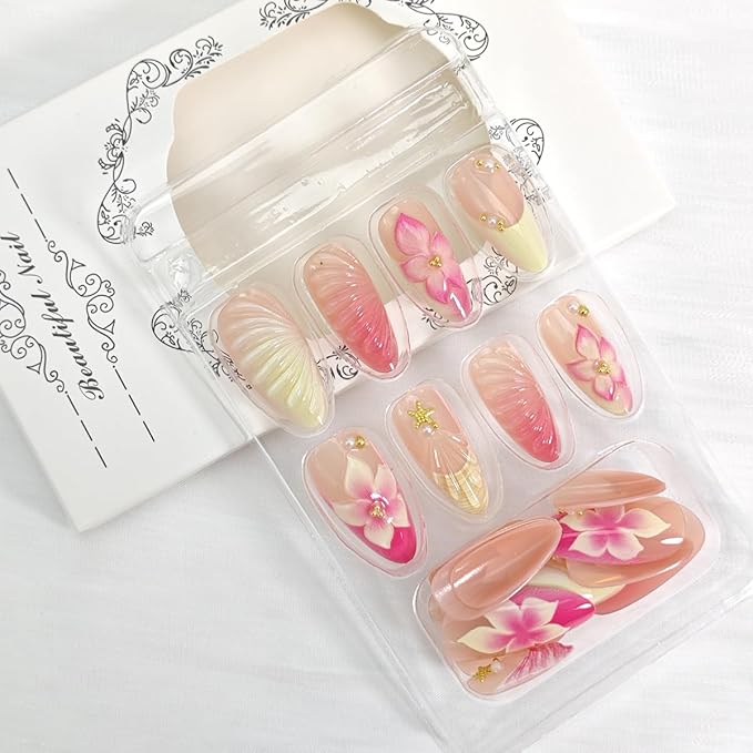 24Pcs Pink Flower Press on Nails Medium Almond French Tip Fake Nails 3D Summer Floral with Gold Starfish Press Ons Cute Stick on Nails Ocean Beach False Nails Glue on Nails for Women Acrylic Nails