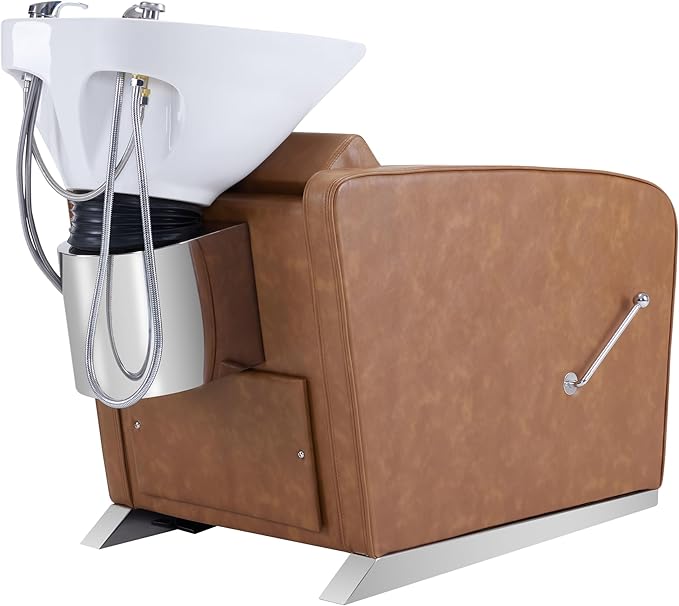 BarberPub Backwash Shampoo Station Chair, Adjustable Porcelain Ceramic Hair Wash Bowl Sink Unit Station, Reclining Shampoo Station Chair for Spa Beauty Salon Hair Salon Equipment 9303 (Brown)