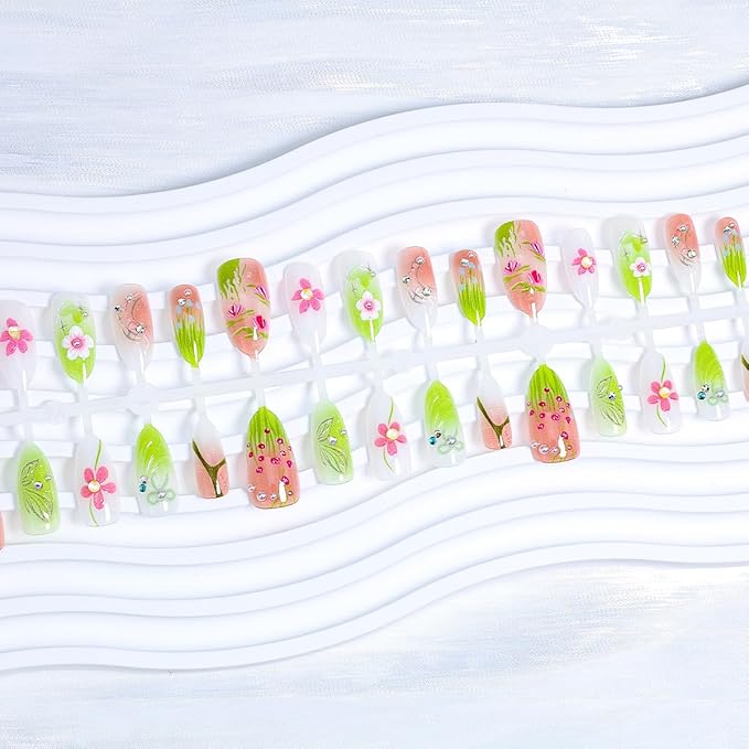 30Pcs Spring Summer Flower Press on Nails Medium Almond Fake Nails with 3D Pearl Rhinestones Handmade Glue on Nails Butterfly Bow False Nails Cute Floral Leaf Acrylic Nails for Women Manicure