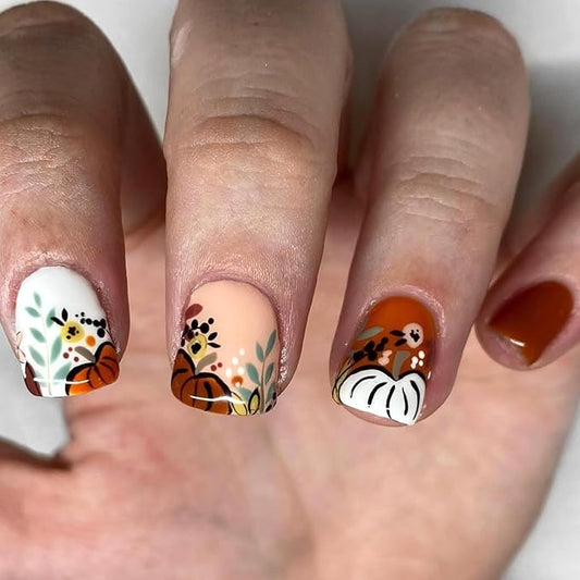 Thanksgiving Press on Nails Short Square Fake Nails Brown False Nail with Pumpkin Floral Designs Fall Glue on Nail Cute Acrylic Nails Reusable Glossy Stick on Fingernails for Women 24Pcs