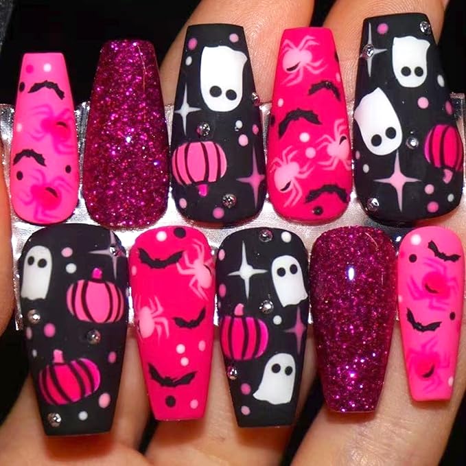 30pcs Glitter Pink Press on Nails Medium Sequins Fake Nails Cute Ghost Pumpkin Bat Print Press on with Rhinestone Designs Halloween False Nail Tips for Girls Nail Decoration