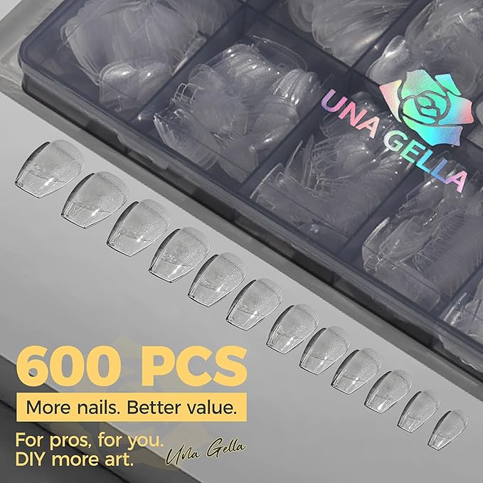 UNA GELLA Short Coffin Nail Tips 600Pcs, Short Coffin Gel Nails Tips Pre Etched 12 Sizes Soft Gel Fake Nails Tips Pre-file Full Cover for Nail Extension Home DIY Salon with Box