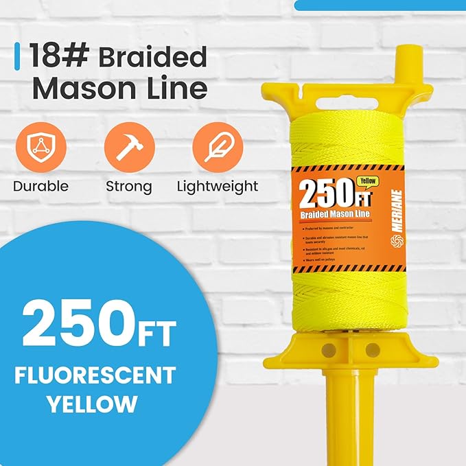 250FT Mason Line w/Reloadable Line Reel, 18# Braided Twine String for Masonry Job, Level Lines in Construction, Gardening, Fluorescent Yellow