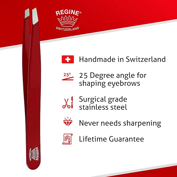 Slant Tweezer - Handmade in Switzerland - Professional Eyebrow & Facial Hair Remover - Etched Interior Grabs Hair from The Root - Perfectly Aligned Tips - Stainless Steel, Red