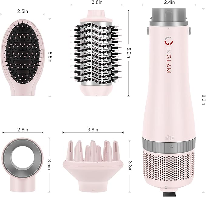 IG INGLAM 4 in 1 Blowout Hair Dryer Brush Set - Negative Ion Detachable Hair Dryer, Volumizer Styler with 2 Brush Heads, Pink