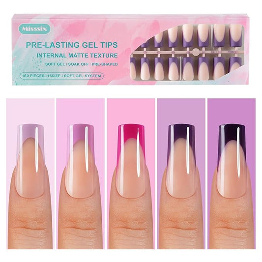Misssix French Gel Nail Tips, 150Pcs Purple French Tip Press on Nails Long Square, No Need to File Tips Pre-lasting, Fake Nails for Nail Art DIY 15 Sizes