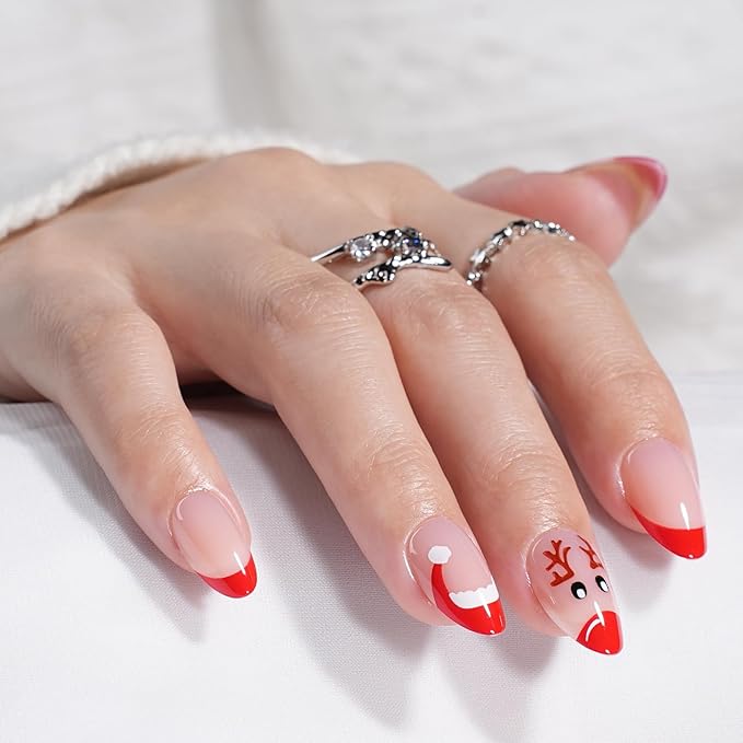 French Tip Press on Nails, Short Press on Nails Almond Reusable Glossy Red Nails Soft Gel Elk False Nails Press ons for Women, 16 Sizes 32 Count Nails Kit with Glue (SV-14)