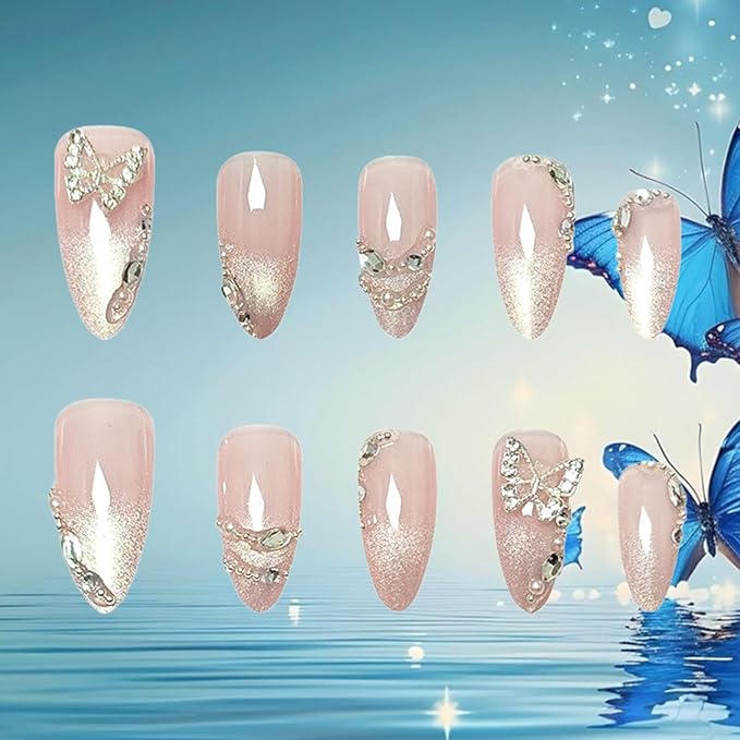 Summer Butterfly Press on Nails Pearl Gel Glue on Fingernails Glossy White Glitter Medium Almond False Nail 24Pcs French Acrylic Full Cover Fake Nails Rhinestone Stick on Nail for Holiday Manicure Art
