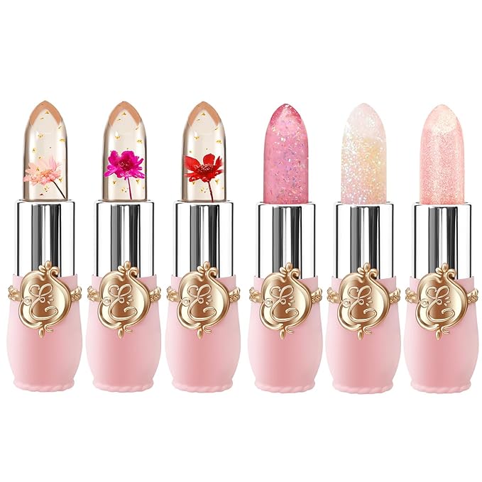 BestLand 6 Pcs/Set Flower Jelly Lipstick Set Temperature Change Moisturizer Long Lasting Nutritious Shimmer Lip Balm Magic Color Change Lip Gloss (Color Changing Lipstick Set B)