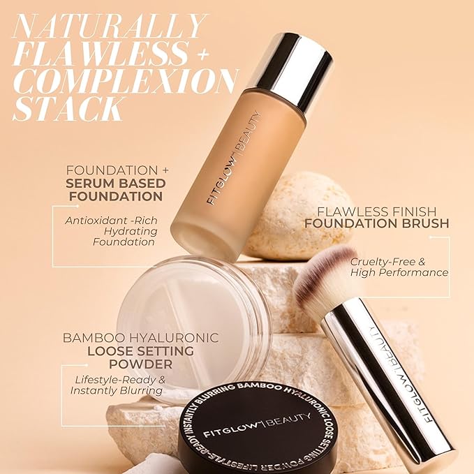 Fitglow Beauty Bamboo Hyaluronic Loose Setting Powder | Translucent Vegan Organic | Weightless Photo Finish | Pore Blurring | Natural Shine & Oil Control Makeup Finishing Powder | .32 oz / 9g