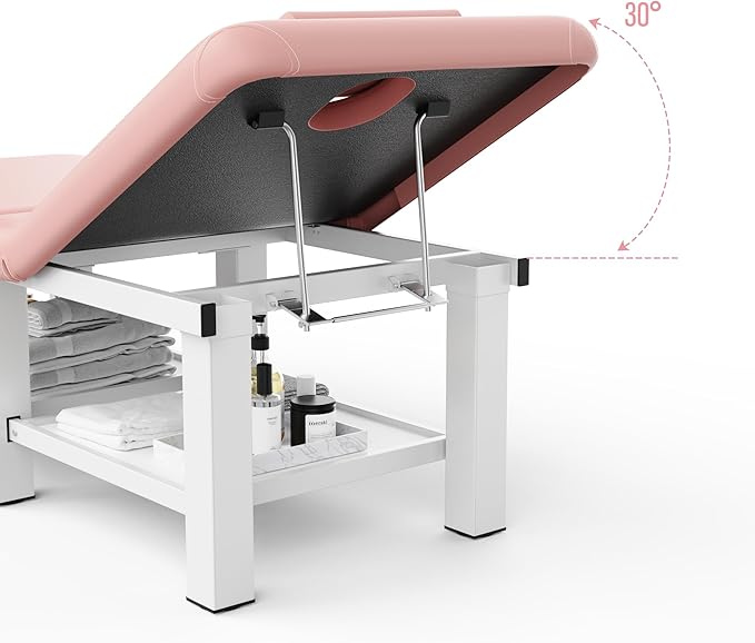 Folding Stationary Massage Table with Backrest and Storage Space, 6 Square Legs Metal Frame PU Leather, 30.5'' Wide × 75'' Long for Treatment Table Physical Therapy Table Spa Facial Bed, Pink