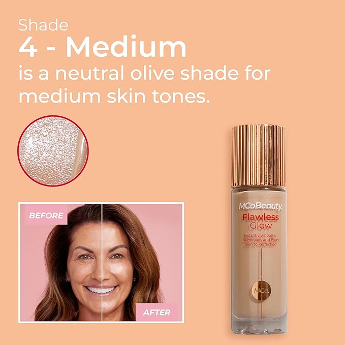 MCoBeauty - Flawless Glow Luminous Skin Filter - 4 Medium Shade - 4-in-1 Multi-Use Formula that Contains Squalane - Includes Doe Foot Applicator - Liquid Illuminator